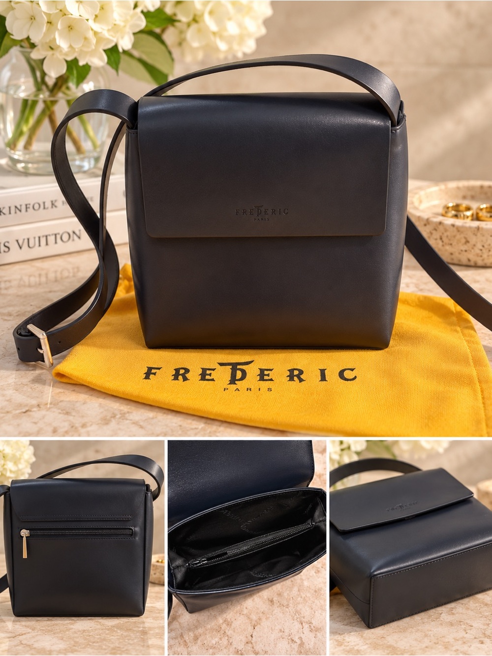Frédéric Paris Black Leather Crossbody Bag 7x7 w/ Dust Bag